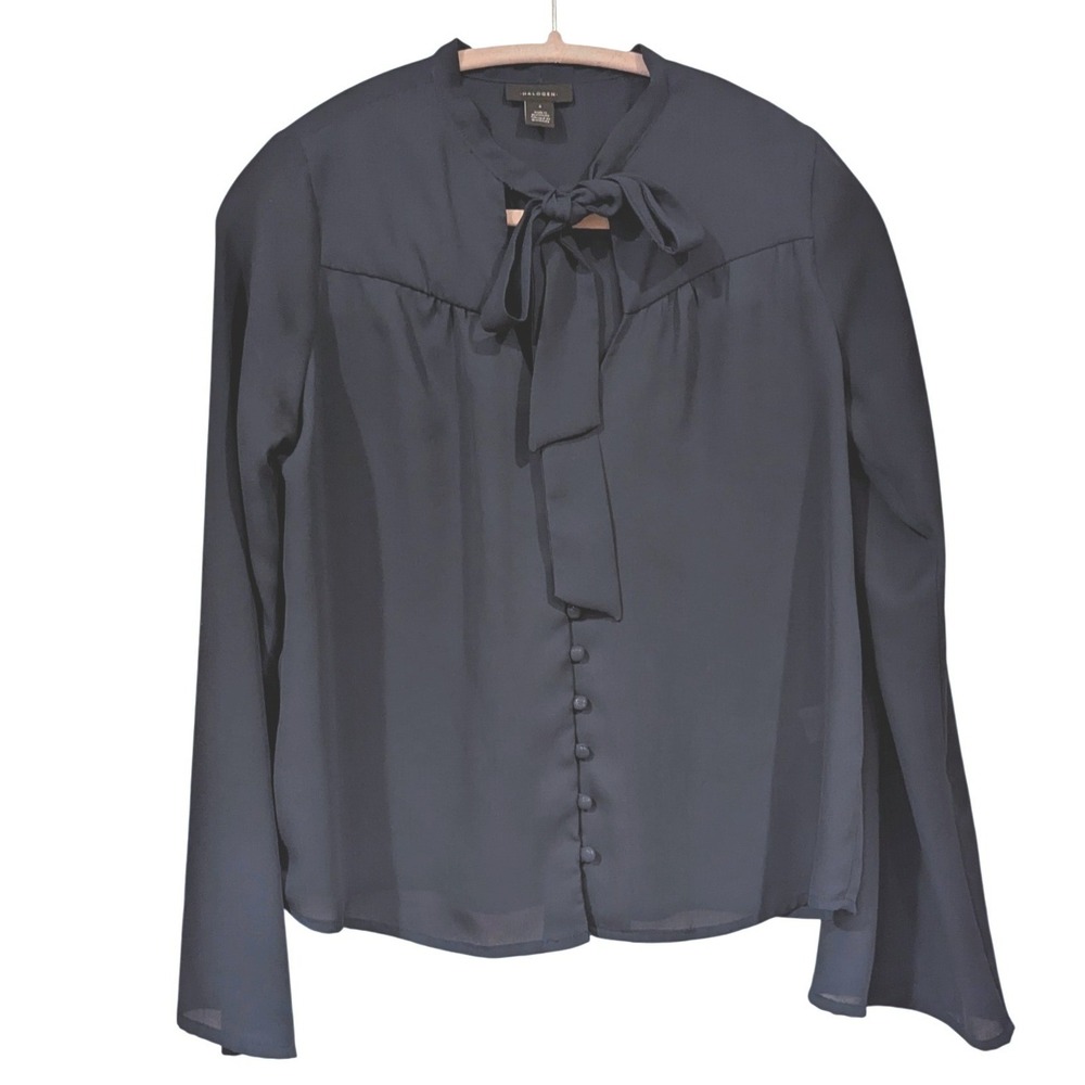 Halogen Bow Neck Blouse S Navy Blue Bell Sleeve Button Front Chiffon Top Office